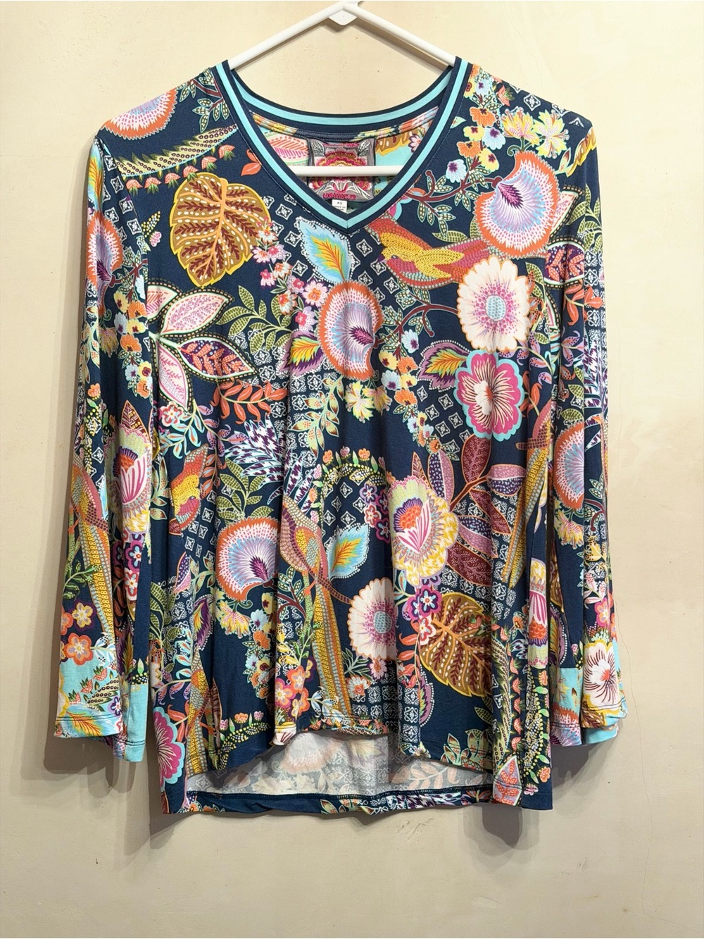 Johnny Was Navy Multicolor Floral V-Neck Top